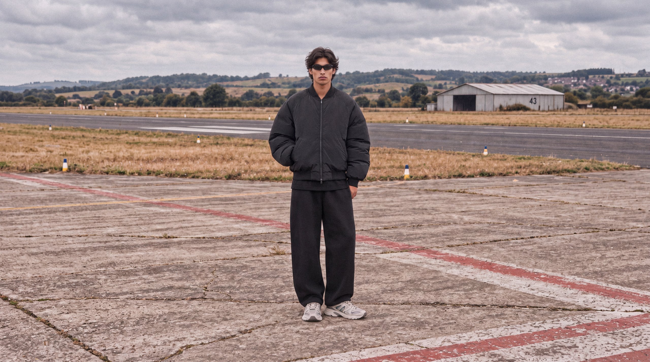 TRP campaign: model wearing a dark jacket on an airfield